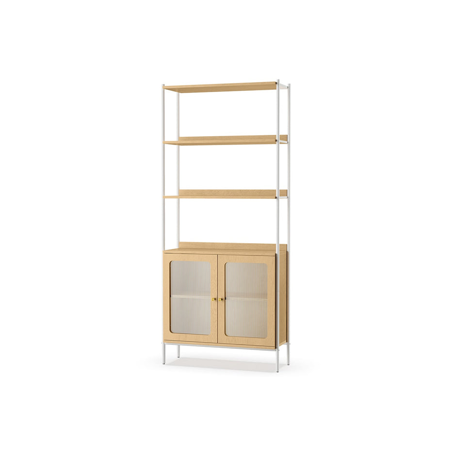 Tall Bookcase – Metal Frame – Oak Beige and Pearl White – Rattan-Like Doors, Adjustable Shelves