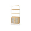 Tall Bookcase – Metal Frame – Oak Beige and Pearl White – Rattan-Like Doors, Adjustable Shelves