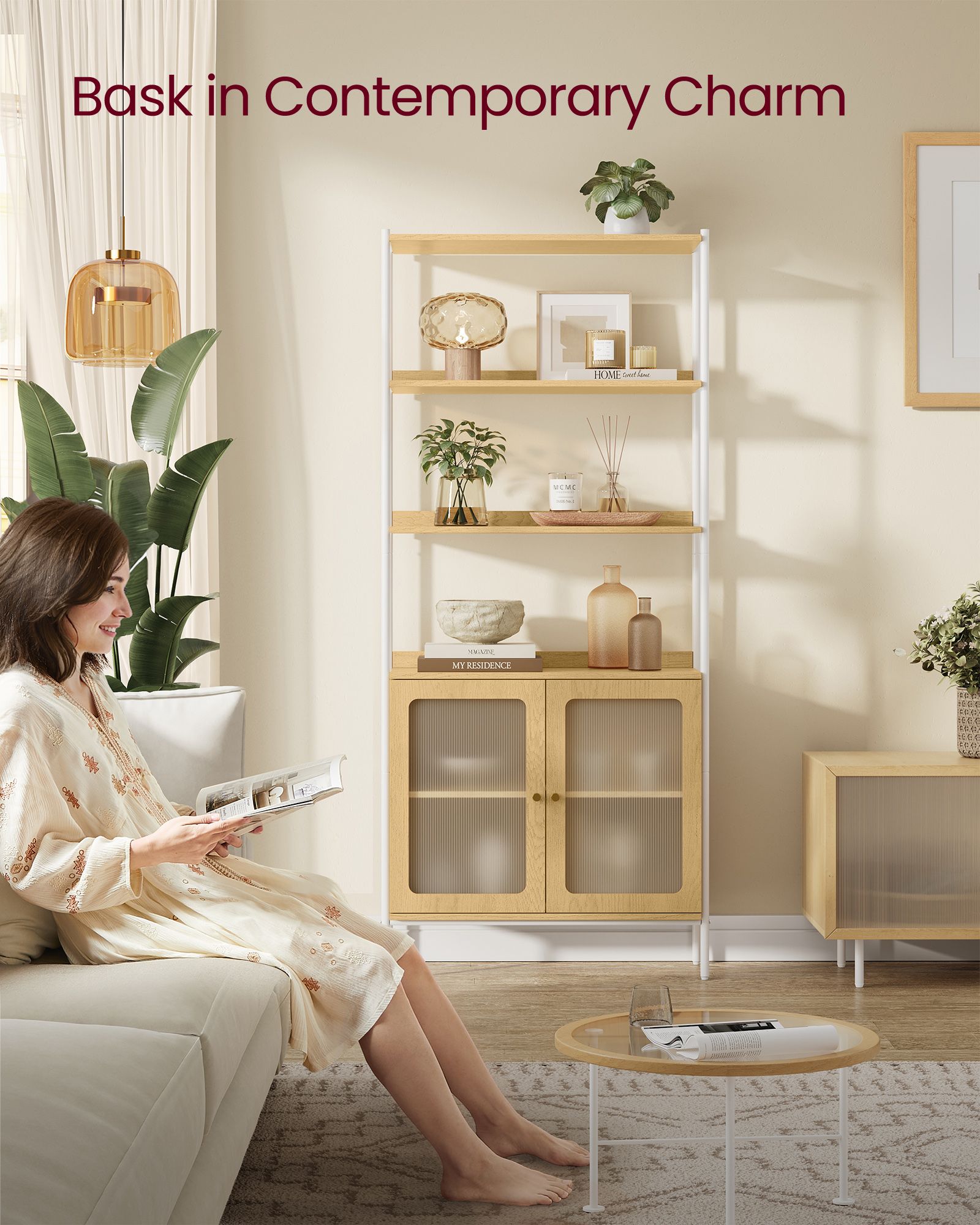 Tall Bookcase – Metal Frame – Oak Beige and Pearl White – Rattan-Like Doors, Adjustable Shelves