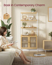 Tall Bookcase – Metal Frame – Oak Beige and Pearl White – Rattan-Like Doors, Adjustable Shelves