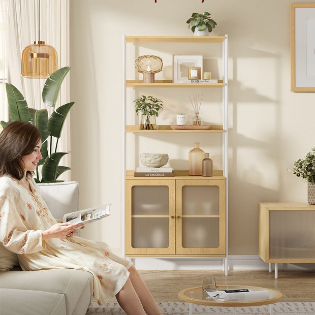 Tall Bookcase – Metal Frame – Oak Beige and Pearl White – Rattan-Like Doors, Adjustable Shelves