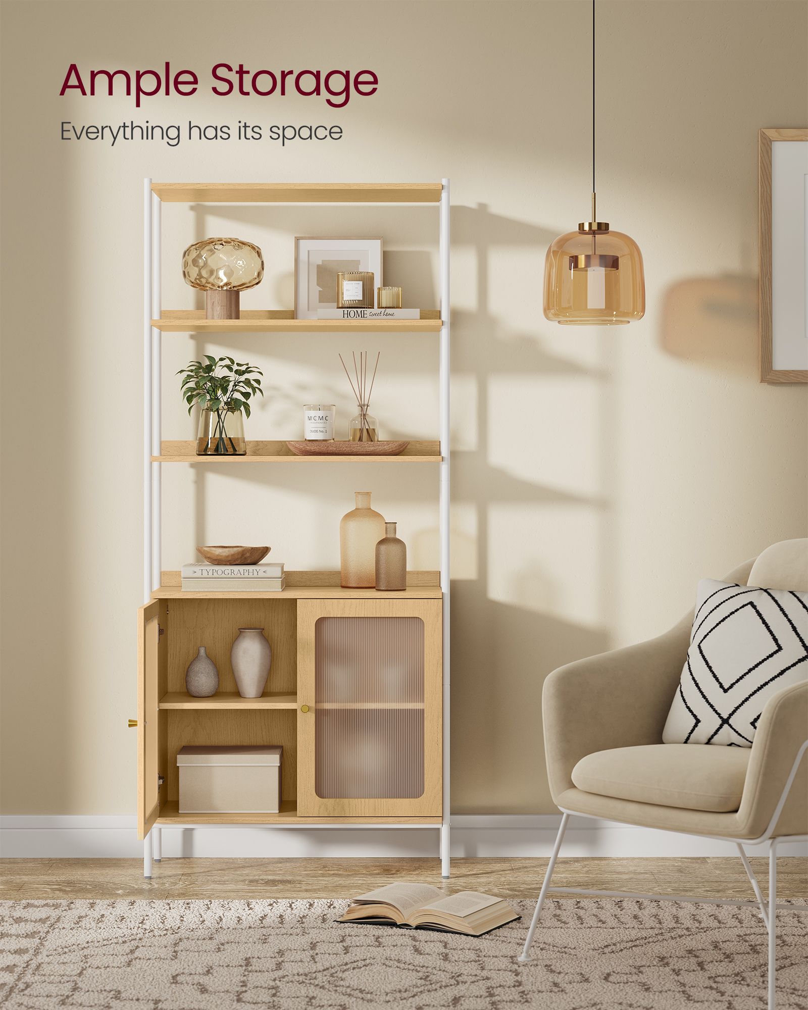 Tall Bookcase – Metal Frame – Oak Beige and Pearl White – Rattan-Like Doors, Adjustable Shelves