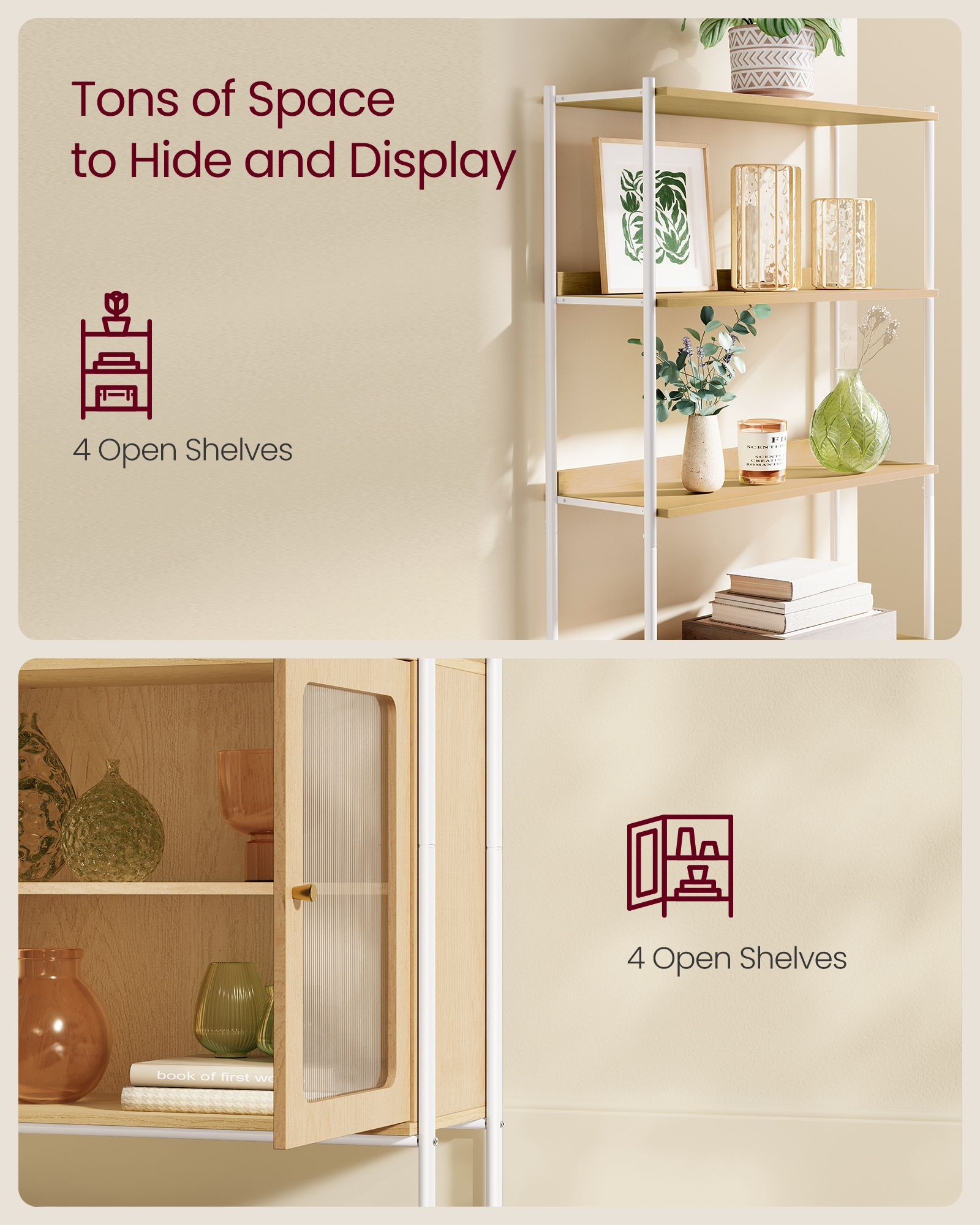 Tall Bookcase – Metal Frame – Oak Beige and Pearl White – Rattan-Like Doors, Adjustable Shelves