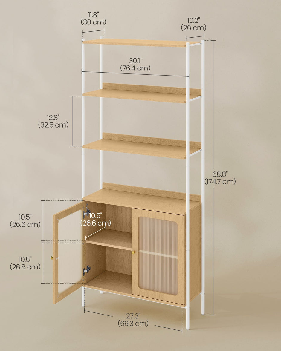 Tall Bookcase – Metal Frame – Oak Beige and Pearl White – Rattan-Like Doors, Adjustable Shelves