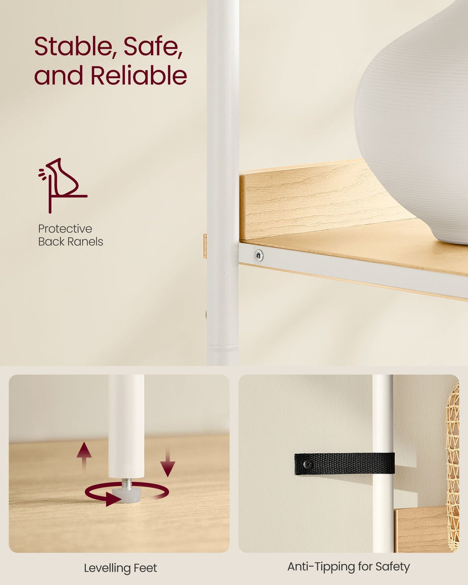 Tall Bookcase – Metal Frame – Oak Beige and Pearl White – Rattan-Like Doors, Adjustable Shelves