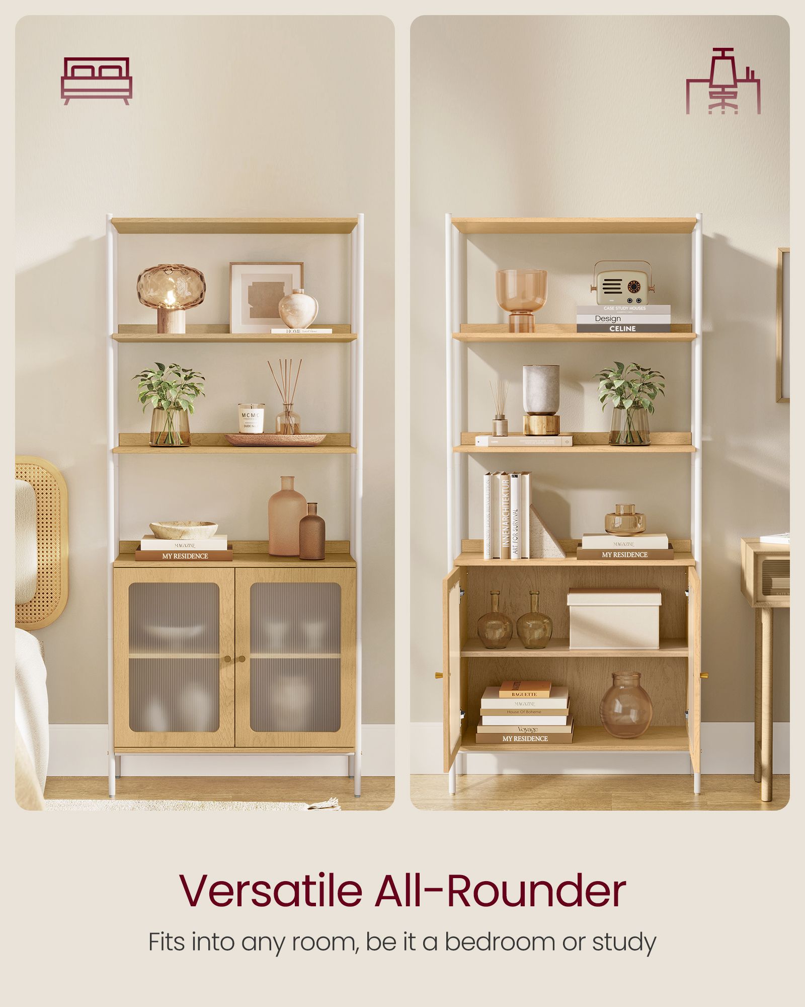 Tall Bookcase – Metal Frame – Oak Beige and Pearl White – Rattan-Like Doors, Adjustable Shelves