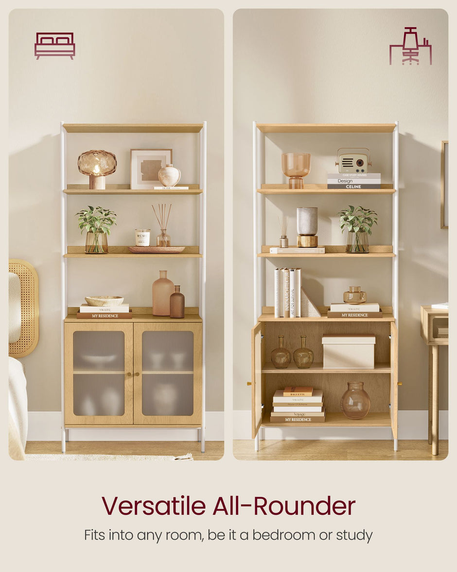 Tall Bookcase – Metal Frame – Oak Beige and Pearl White – Rattan-Like Doors, Adjustable Shelves