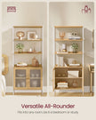Tall Bookcase – Metal Frame – Oak Beige and Pearl White – Rattan-Like Doors, Adjustable Shelves