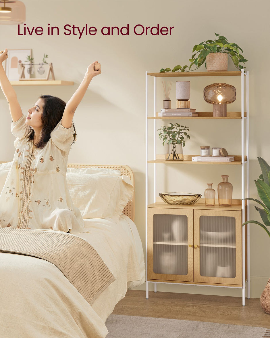 Tall Bookcase – Metal Frame – Oak Beige and Pearl White – Rattan-Like Doors, Adjustable Shelves