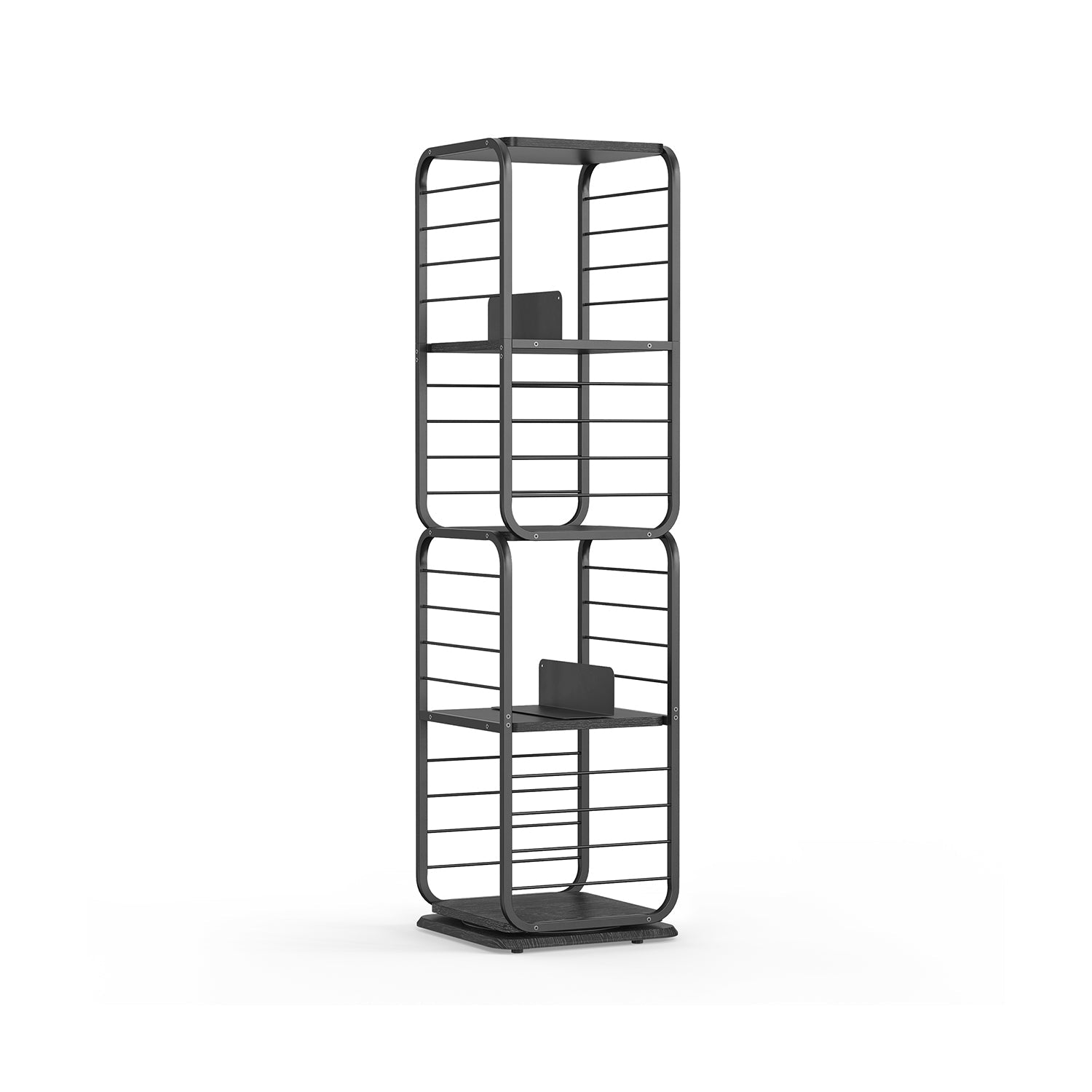 4-Tier Rotating Bookshelf – Steel – Ebony Black and Ink Black – Space-Saving Design with Bookends