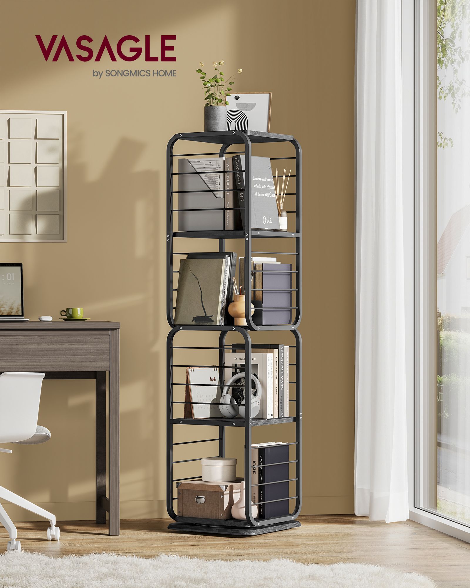 4-Tier Rotating Bookshelf – Steel – Ebony Black and Ink Black – Space-Saving Design with Bookends