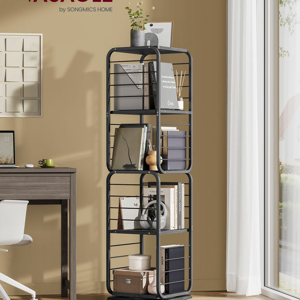 4-Tier Rotating Bookshelf – Steel – Ebony Black and Ink Black – Space-Saving Design with Bookends