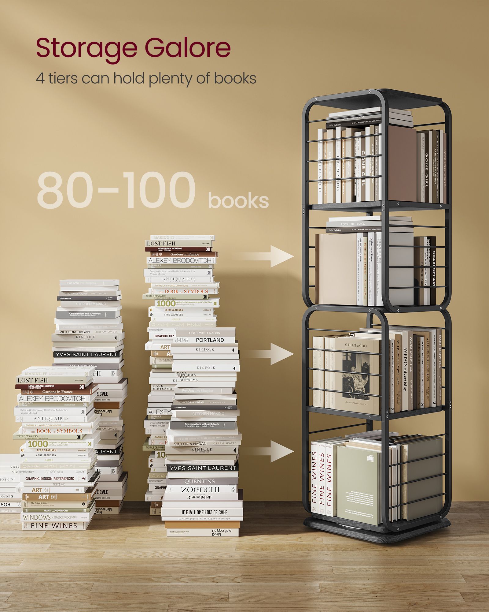 4-Tier Rotating Bookshelf – Steel – Ebony Black and Ink Black – Space-Saving Design with Bookends