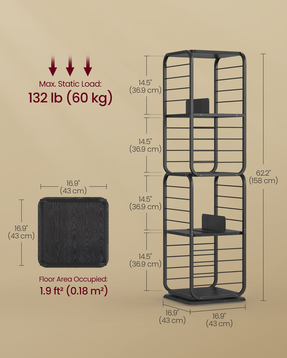 4-Tier Rotating Bookshelf – Steel – Ebony Black and Ink Black – Space-Saving Design with Bookends