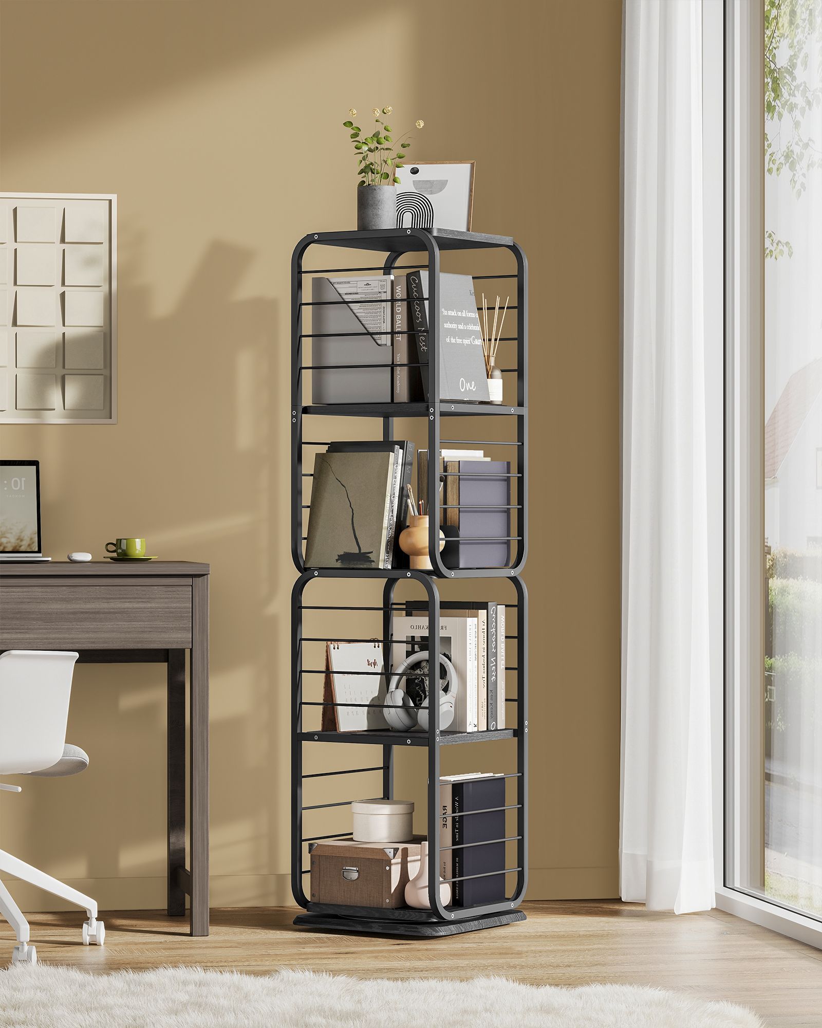4-Tier Rotating Bookshelf – Steel – Ebony Black and Ink Black – Space-Saving Design with Bookends