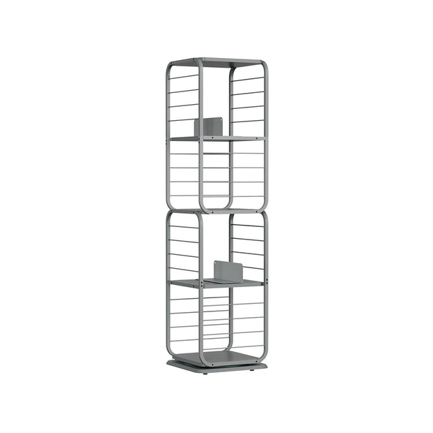 4-Tier Rotating Bookshelf – Steel Frame – Dove Grey – Space-Saving Design with Bookends