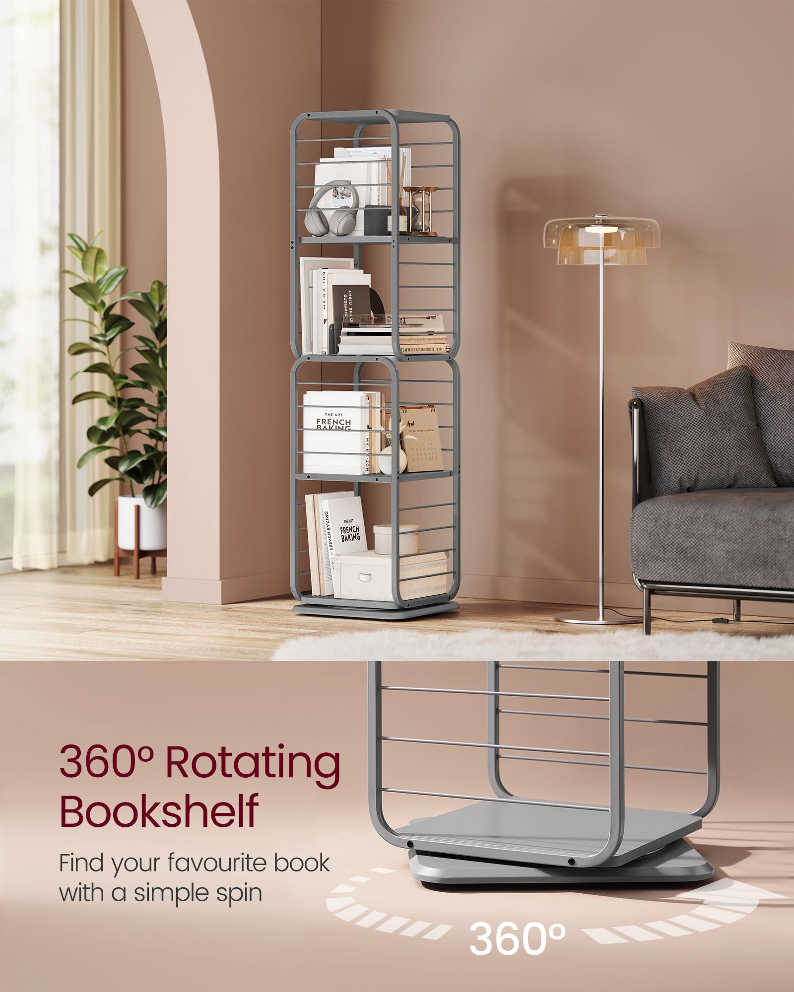 4-Tier Rotating Bookshelf – Steel Frame – Dove Grey – Space-Saving Design with Bookends