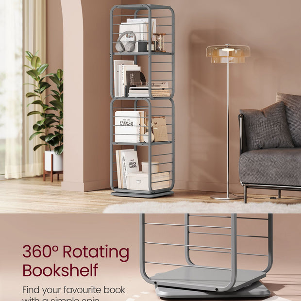 4-Tier Rotating Bookshelf – Steel Frame – Dove Grey – Space-Saving Design with Bookends