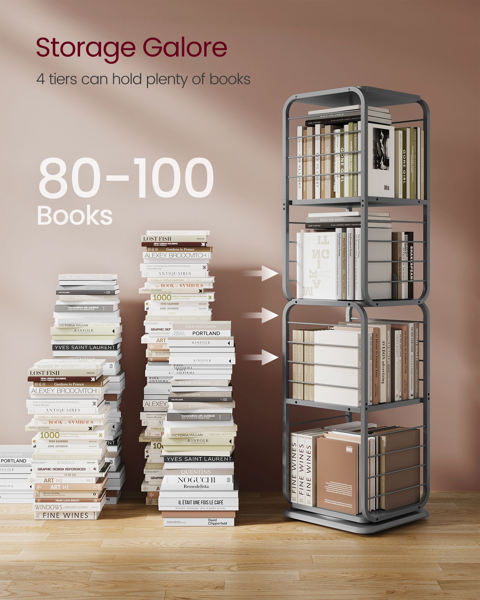 4-Tier Rotating Bookshelf – Steel Frame – Dove Grey – Space-Saving Design with Bookends