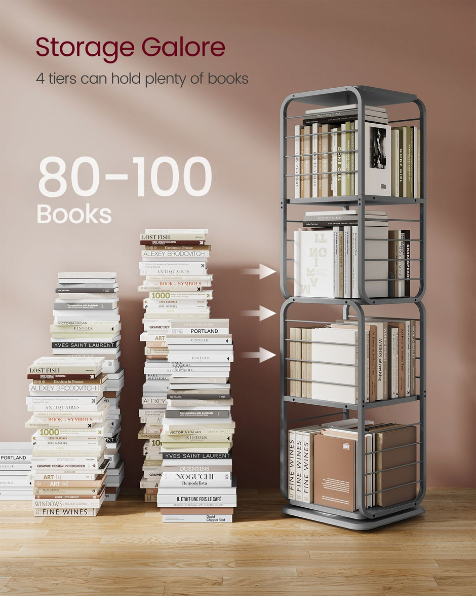 4-Tier Rotating Bookshelf – Steel Frame – Dove Grey – Space-Saving Design with Bookends