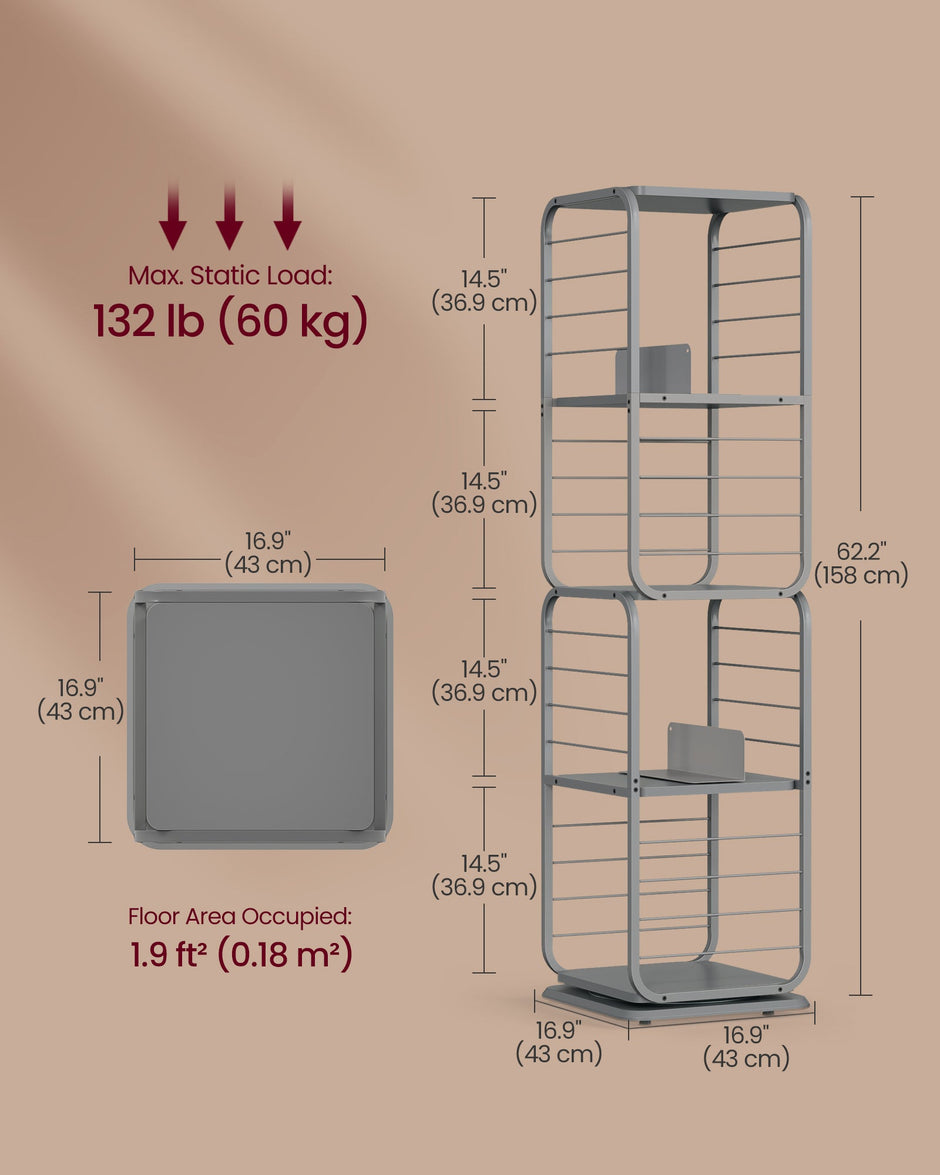 4-Tier Rotating Bookshelf – Steel Frame – Dove Grey – Space-Saving Design with Bookends