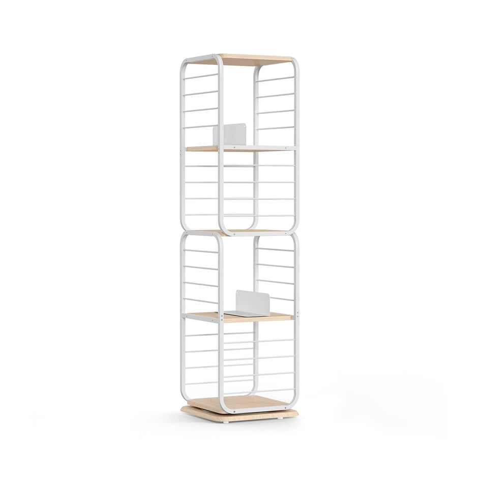 4-Tier Rotating Bookshelf – Steel Frame – Natural Beige and Cloud White – Compact Design for Small Spaces