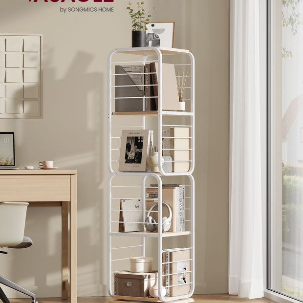 4-Tier Rotating Bookshelf – Steel Frame – Natural Beige and Cloud White – Compact Design for Small Spaces