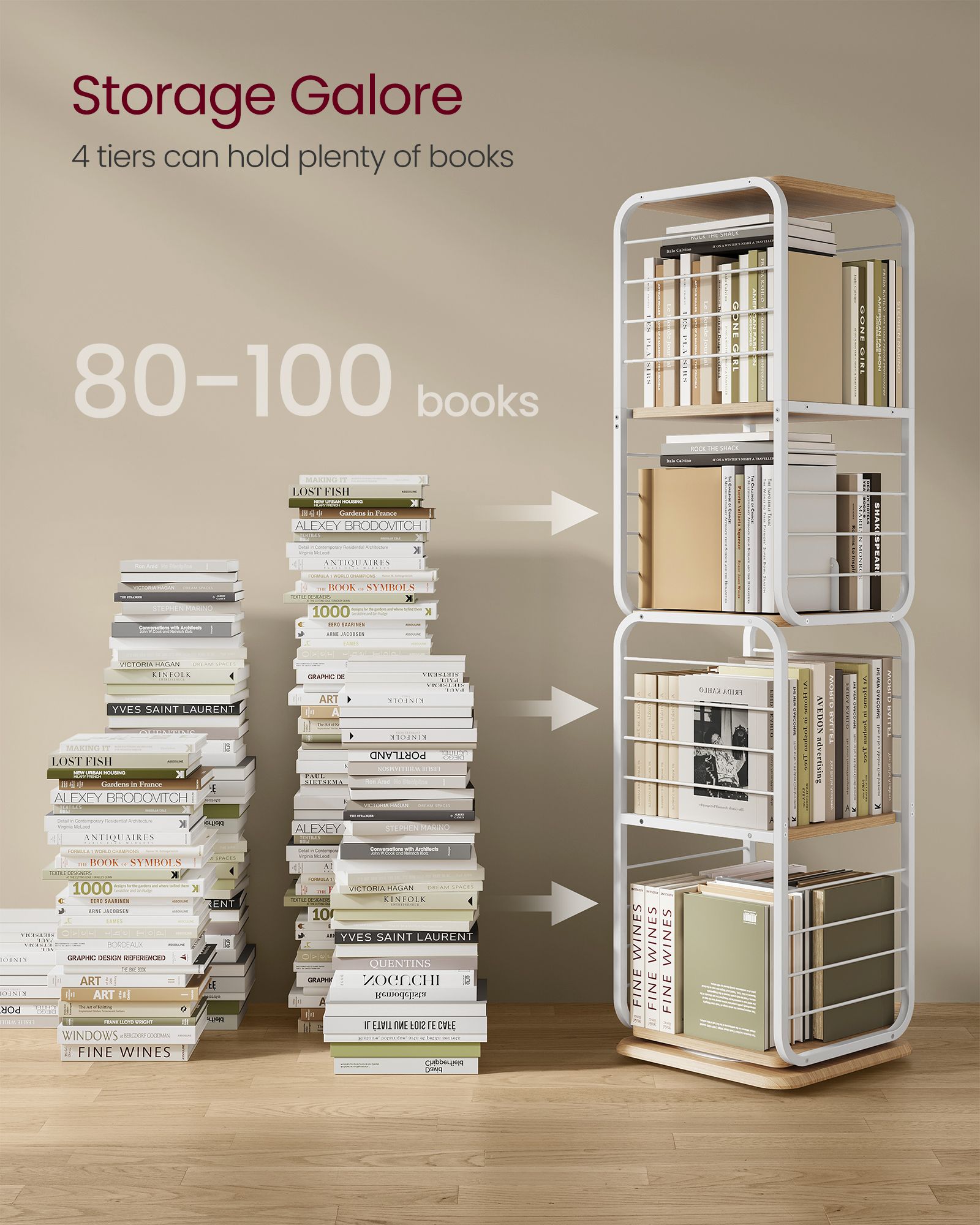 4-Tier Rotating Bookshelf – Steel Frame – Natural Beige and Cloud White – Compact Design for Small Spaces