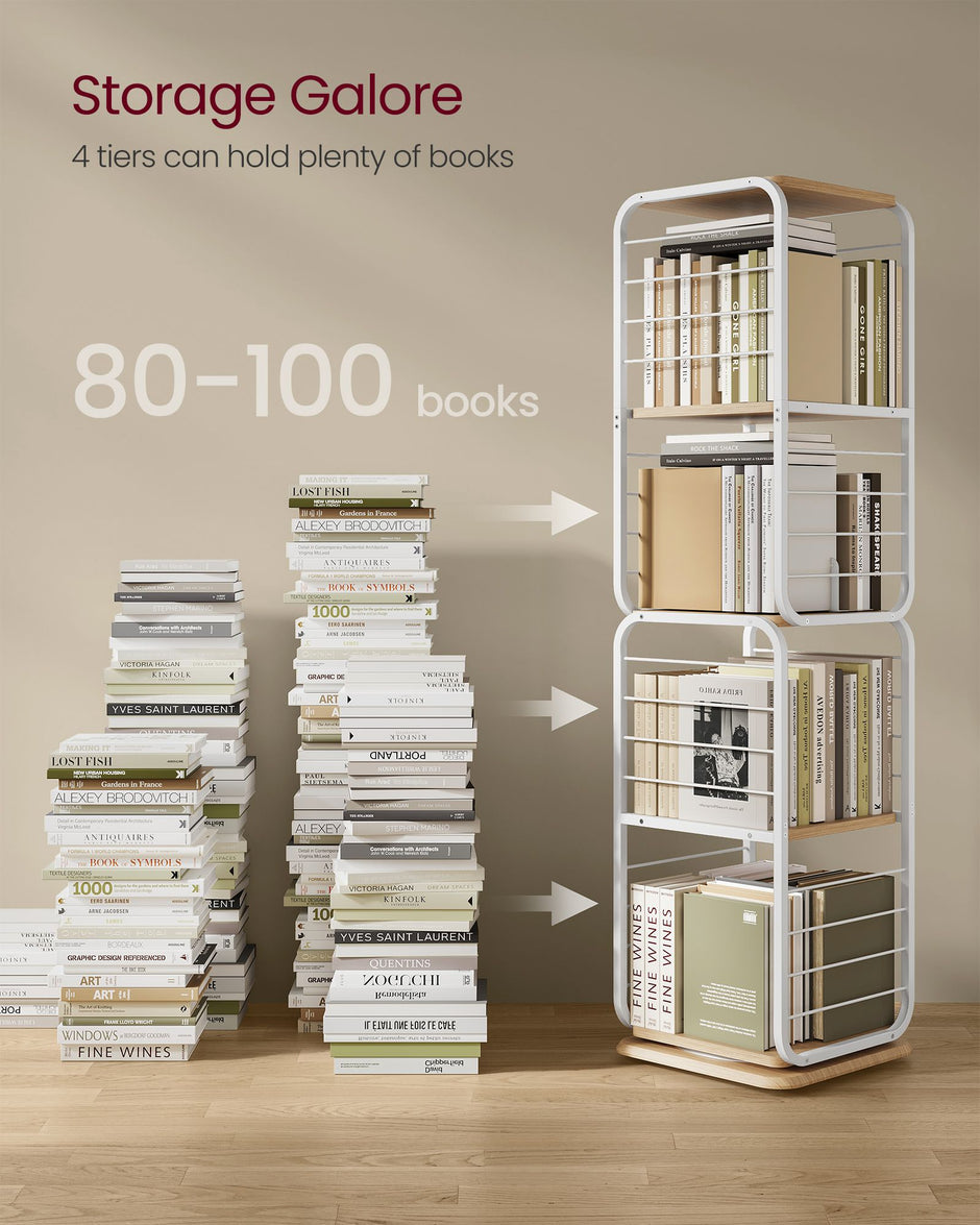 4-Tier Rotating Bookshelf – Steel Frame – Natural Beige and Cloud White – Compact Design for Small Spaces