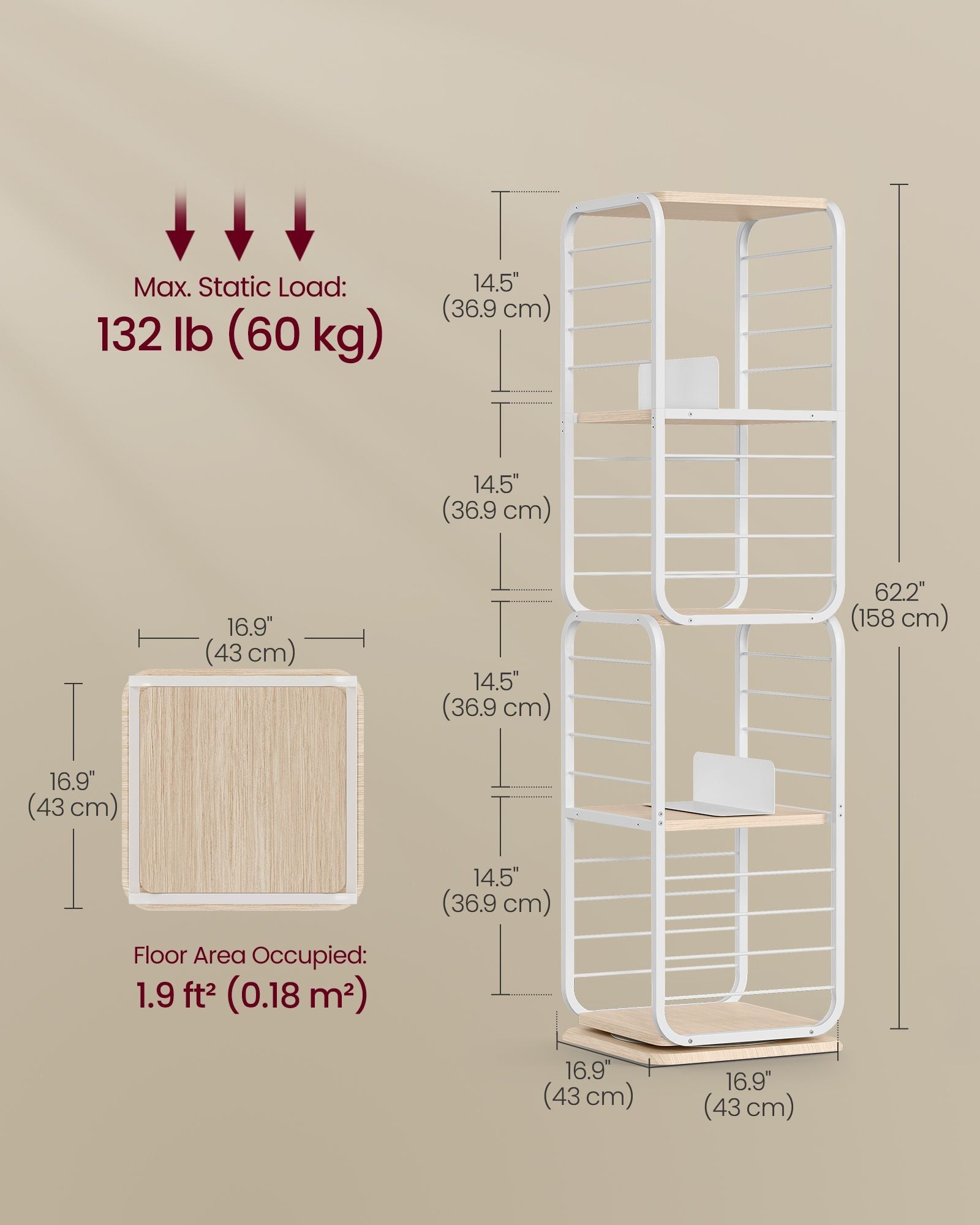 4-Tier Rotating Bookshelf – Steel Frame – Natural Beige and Cloud White – Compact Design for Small Spaces