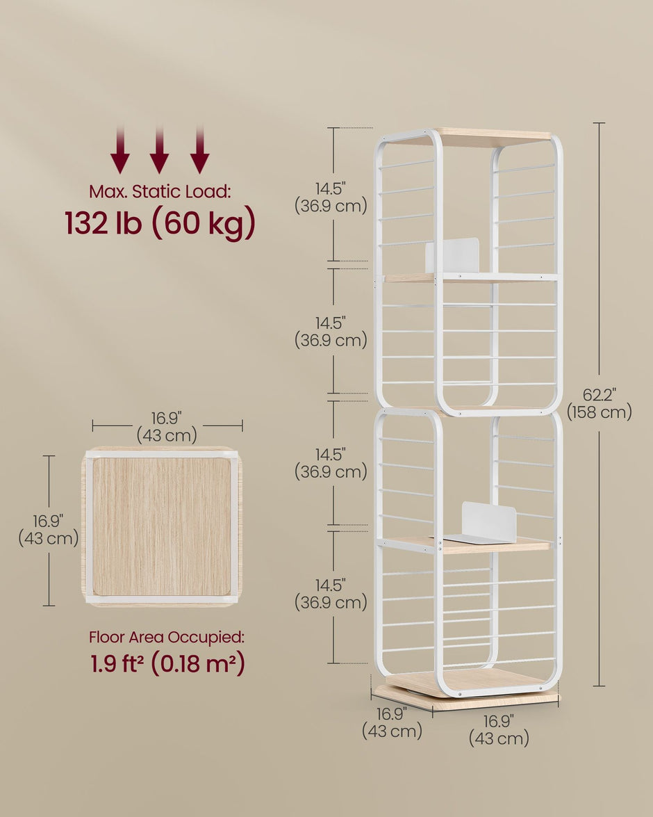 4-Tier Rotating Bookshelf – Steel Frame – Natural Beige and Cloud White – Compact Design for Small Spaces
