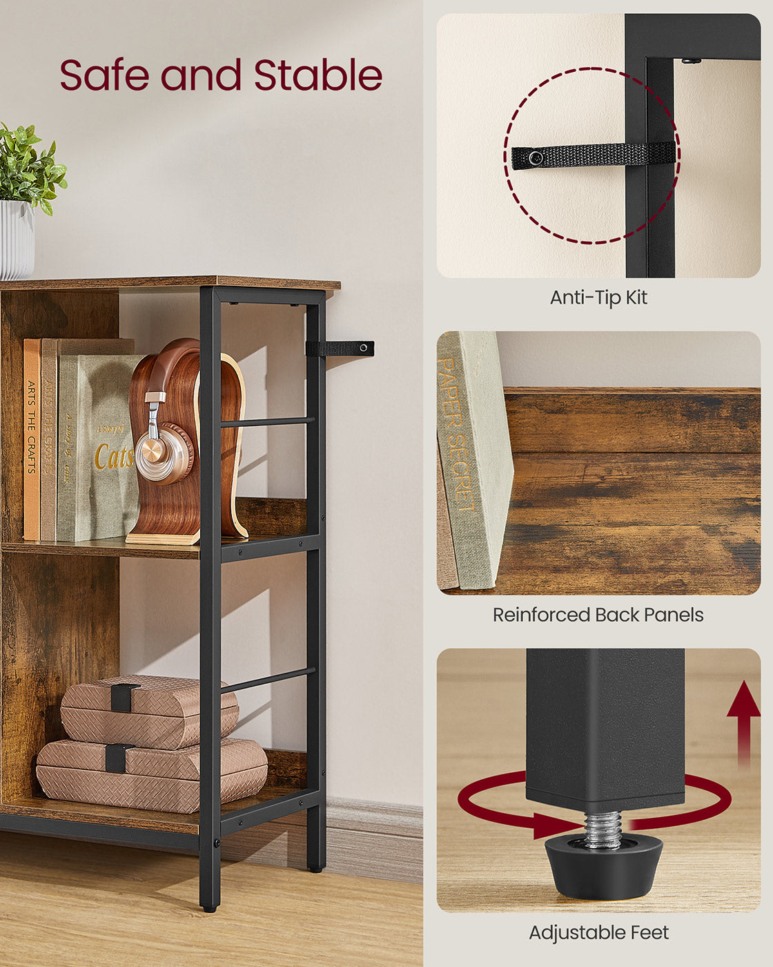 Bookshelf – Wood – Rustic Brown and Ink Black – 2-Tier Display Shelf 33 x 132.6 x 80 cm