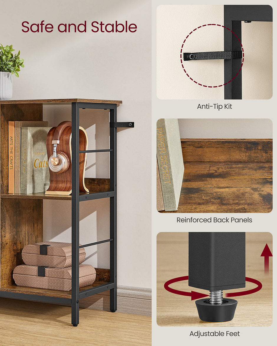 Bookshelf – Wood – Rustic Brown and Ink Black – 2-Tier Display Shelf 33 x 132.6 x 80 cm