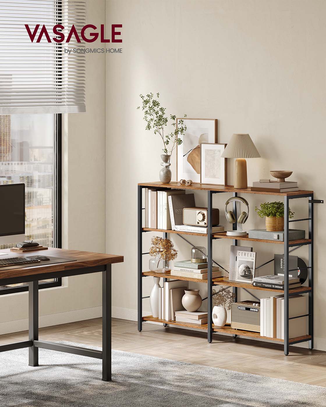 6-Tier Bookshelf – Engineered Wood – Rustic Brown and Black – Industrial Style Room Divider