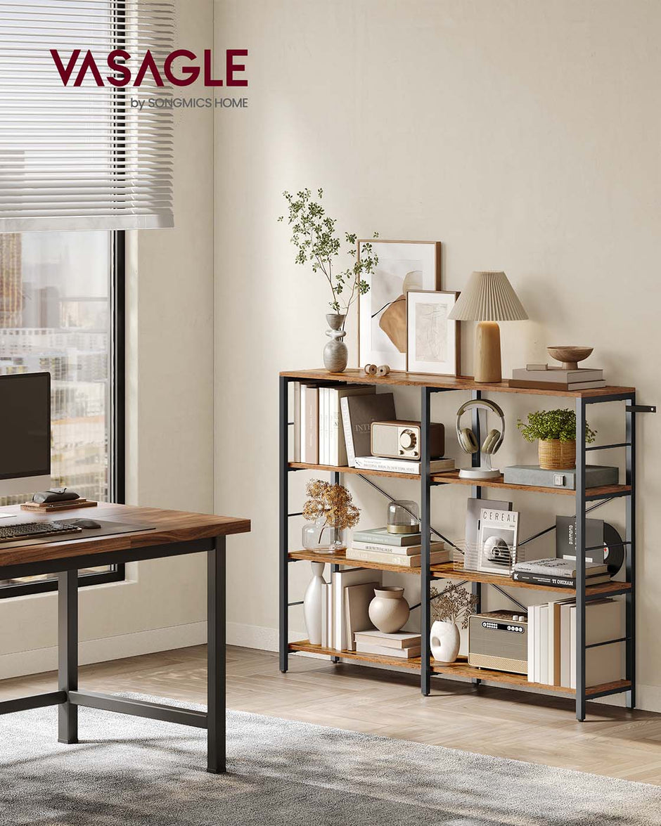 6-Tier Bookshelf – Engineered Wood – Rustic Brown and Black – Industrial Style Room Divider
