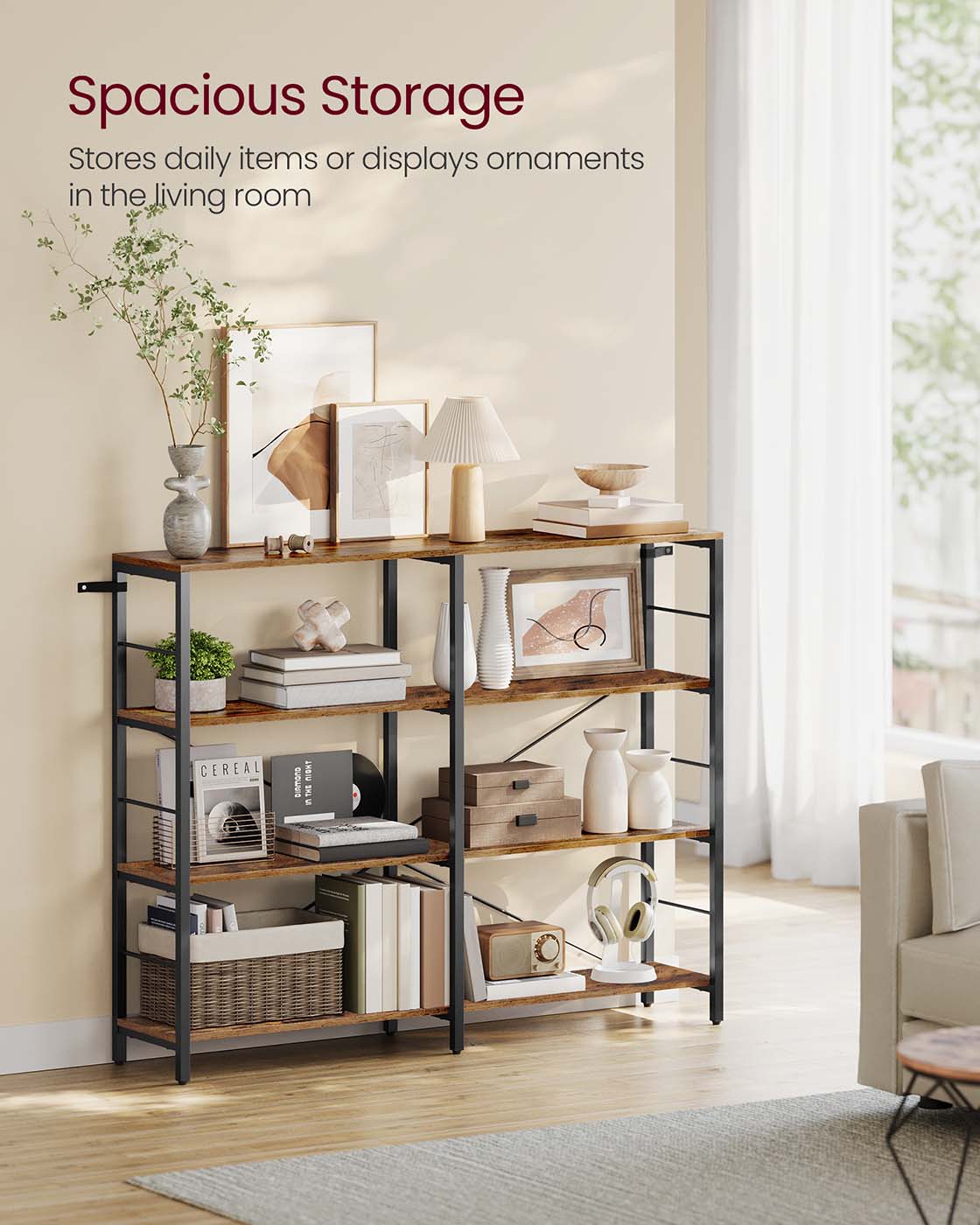 6-Tier Bookshelf – Engineered Wood – Rustic Brown and Black – Industrial Style Room Divider
