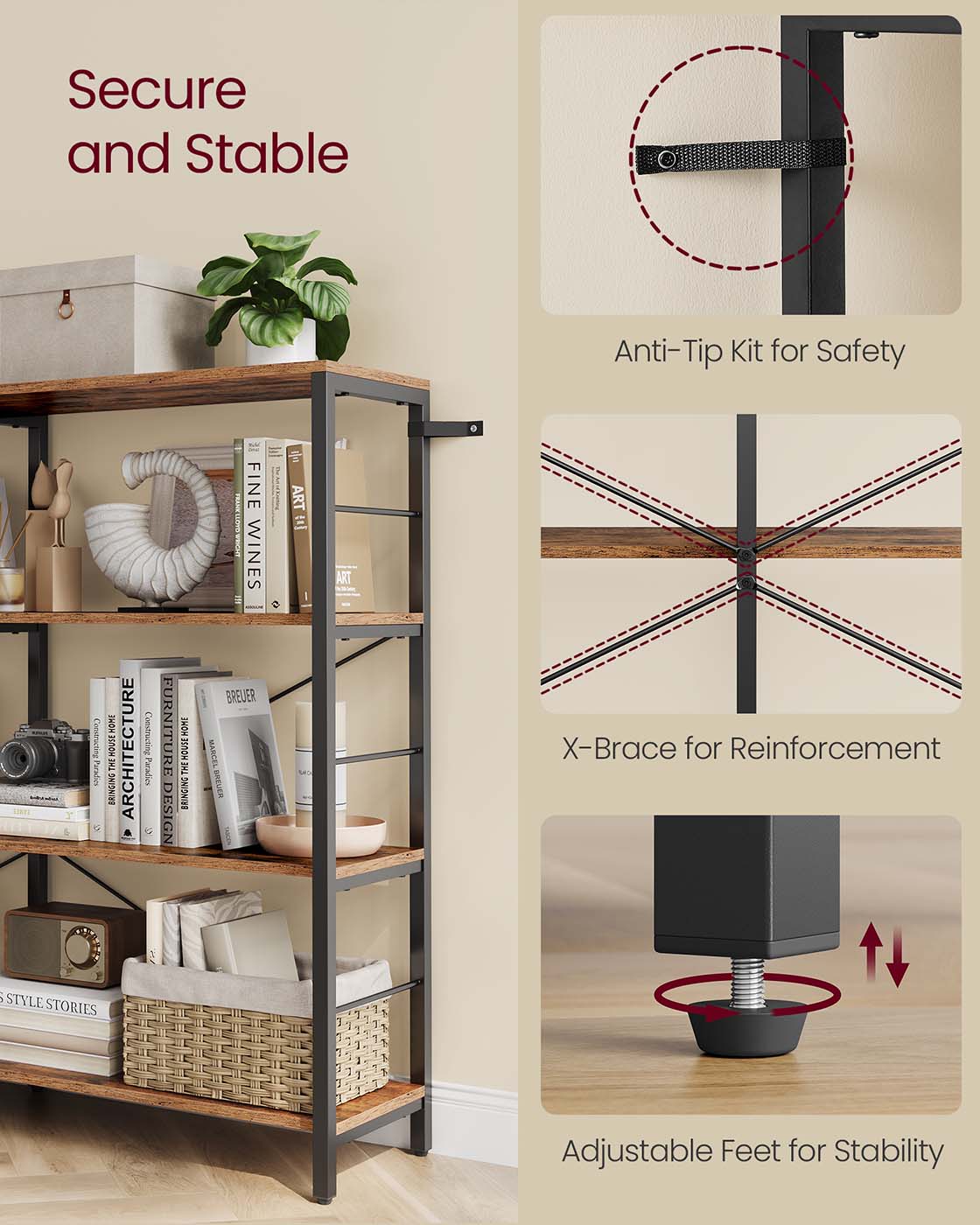 6-Tier Bookshelf – Engineered Wood – Rustic Brown and Black – Industrial Style Room Divider