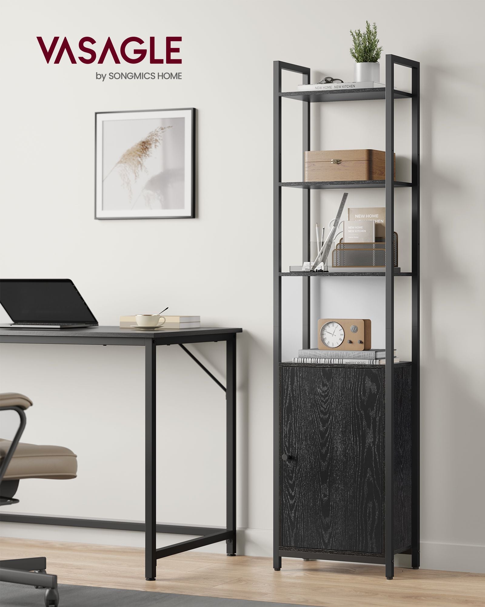 6-Tier Bookcase – Metal – Ebony Black and Ink Black – Tall Design with Adjustable Shelves and Door