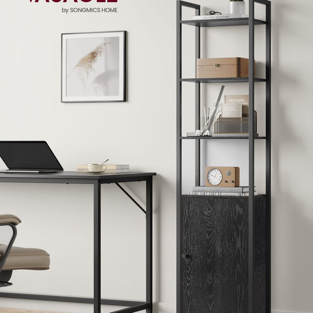 6-Tier Bookcase – Metal – Ebony Black and Ink Black – Tall Design with Adjustable Shelves and Door