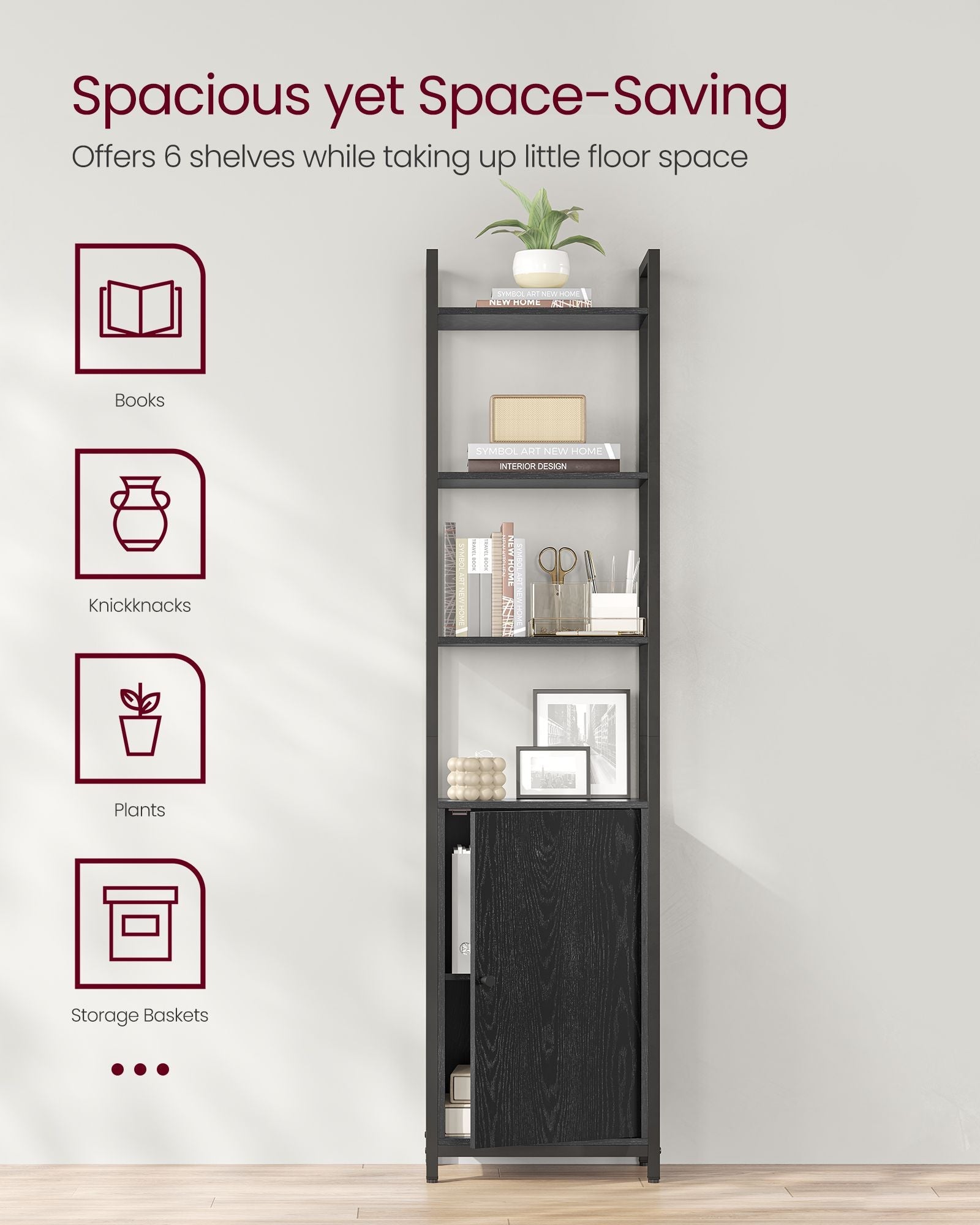 6-Tier Bookcase – Metal – Ebony Black and Ink Black – Tall Design with Adjustable Shelves and Door
