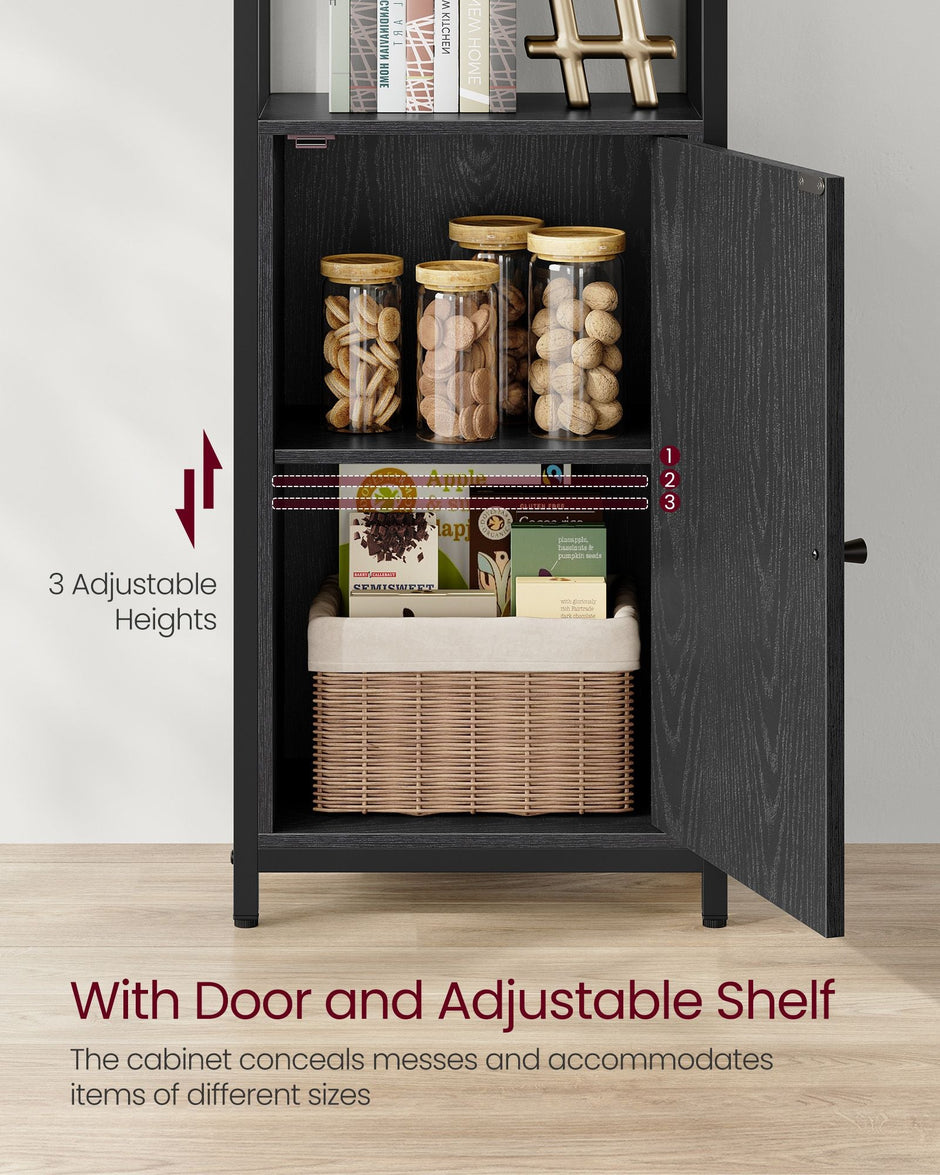 6-Tier Bookcase – Metal – Ebony Black and Ink Black – Tall Design with Adjustable Shelves and Door