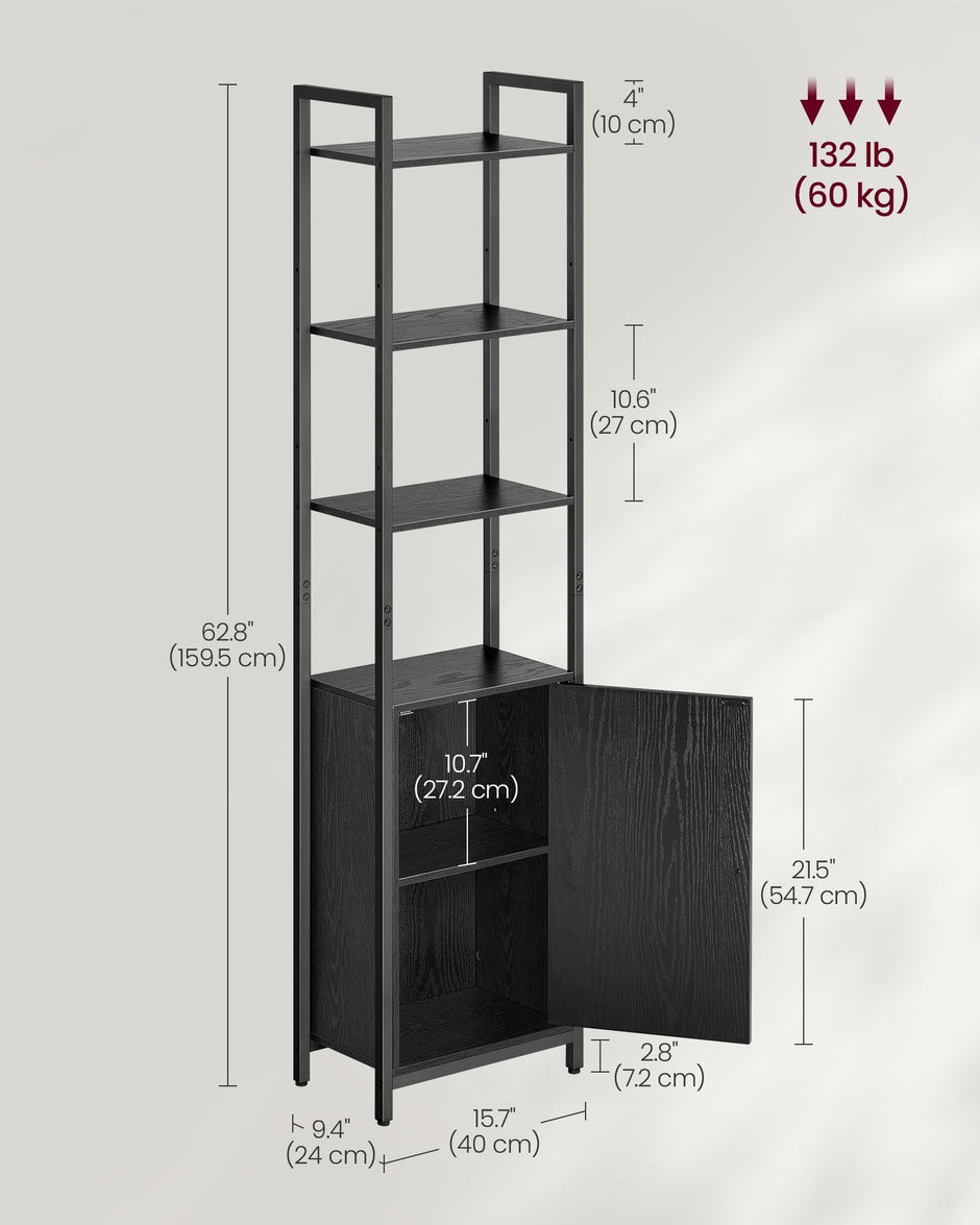 6-Tier Bookcase – Metal – Ebony Black and Ink Black – Tall Design with Adjustable Shelves and Door