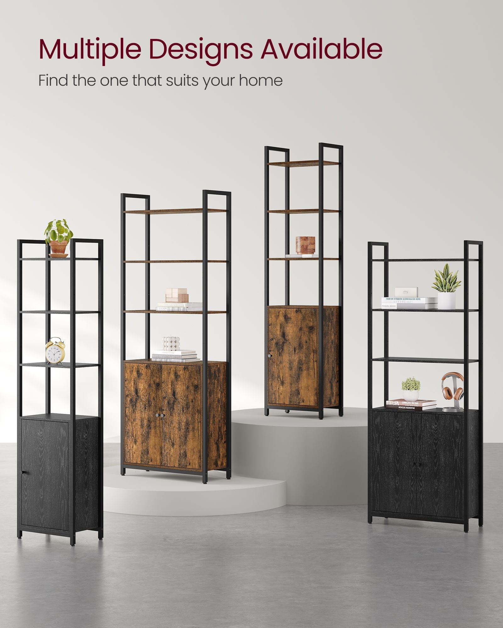 6-Tier Bookcase – Metal – Ebony Black and Ink Black – Tall Design with Adjustable Shelves and Door