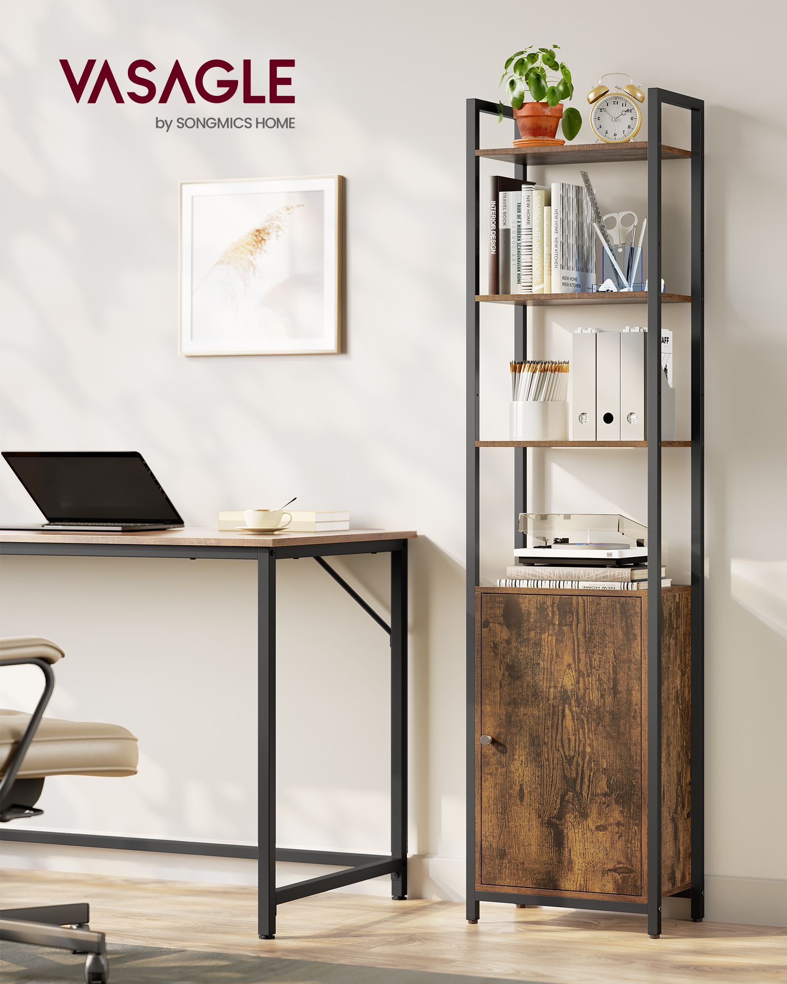6-Tier Bookcase – Metal Frame – Rustic Brown and Ink Black – Adjustable Shelves with Door