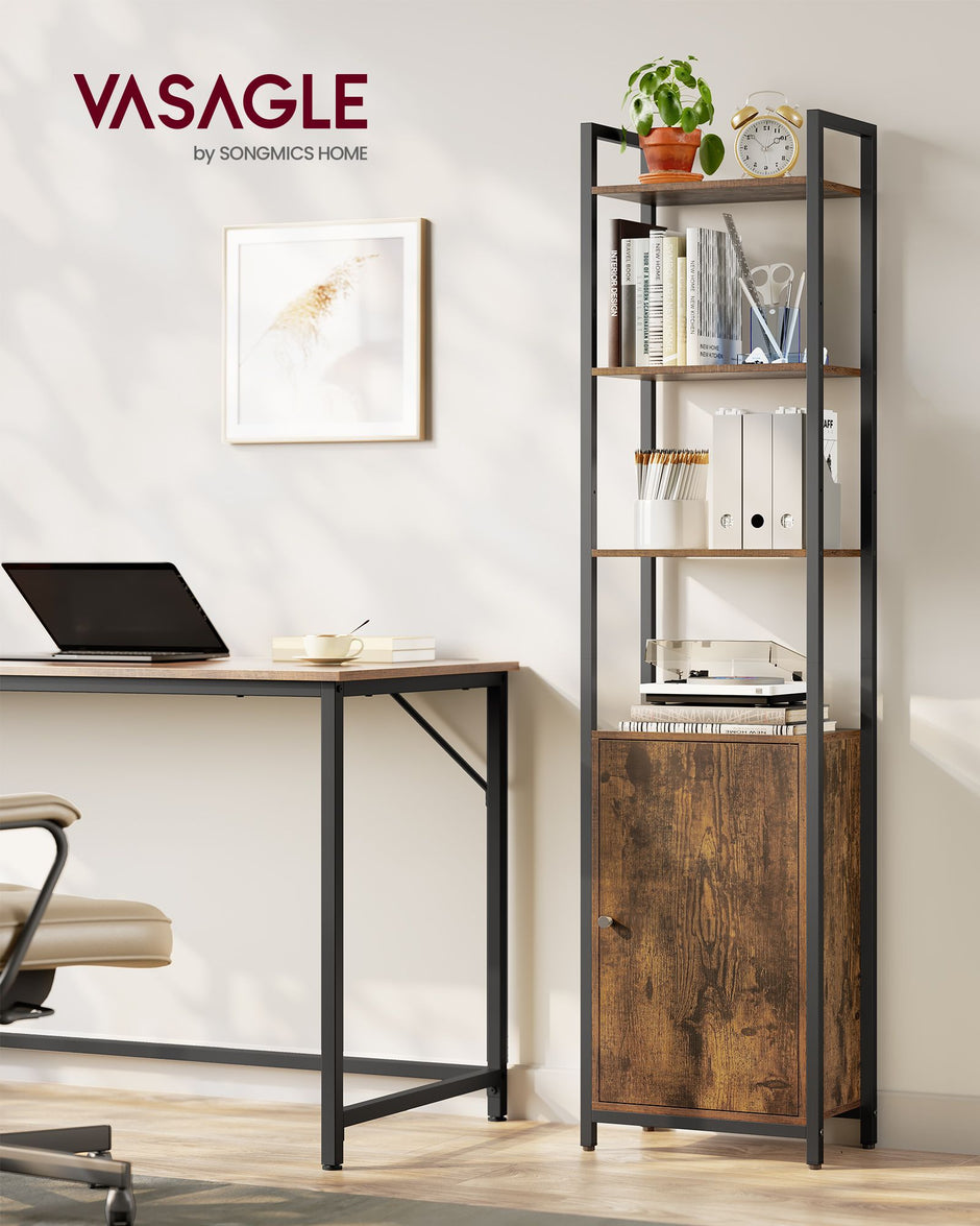 6-Tier Bookcase – Metal Frame – Rustic Brown and Ink Black – Adjustable Shelves with Door