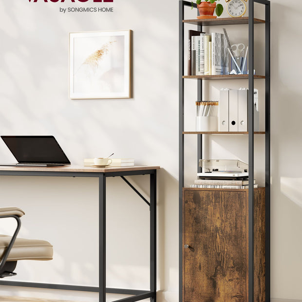 6-Tier Bookcase – Metal Frame – Rustic Brown and Ink Black – Adjustable Shelves with Door