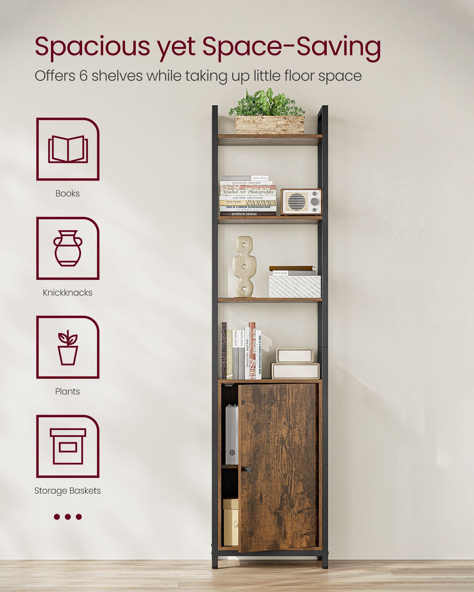 6-Tier Bookcase – Metal Frame – Rustic Brown and Ink Black – Adjustable Shelves with Door