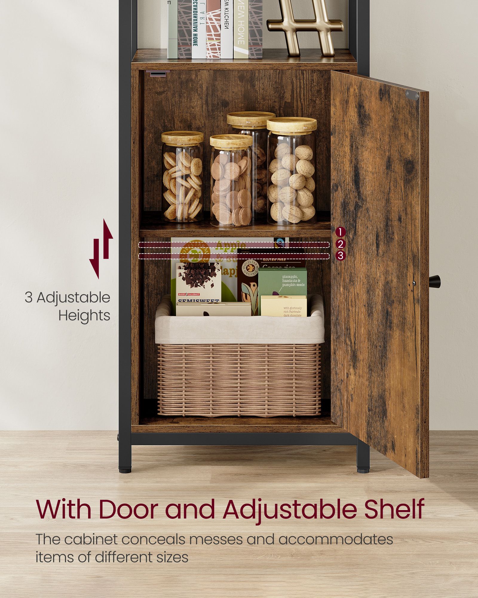 6-Tier Bookcase – Metal Frame – Rustic Brown and Ink Black – Adjustable Shelves with Door