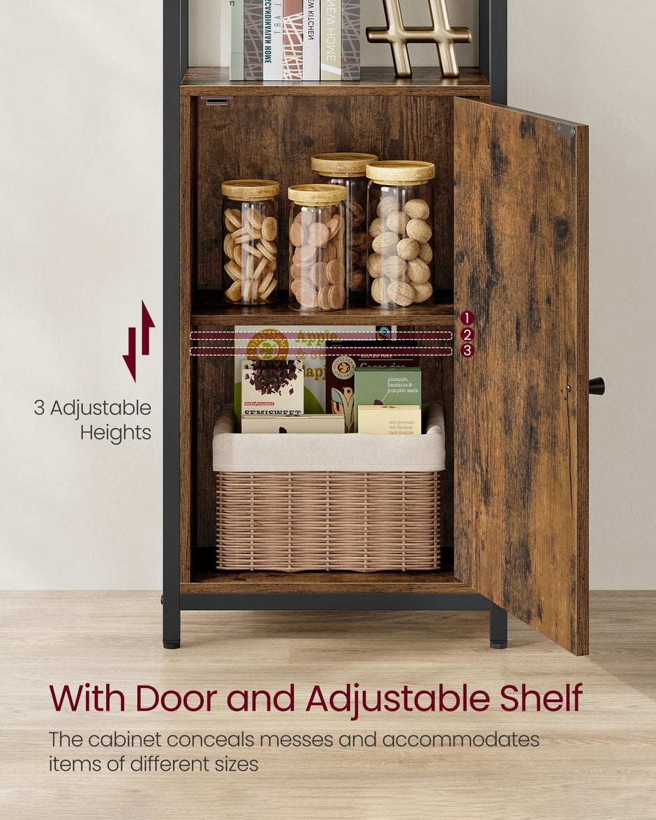 6-Tier Bookcase – Metal Frame – Rustic Brown and Ink Black – Adjustable Shelves with Door