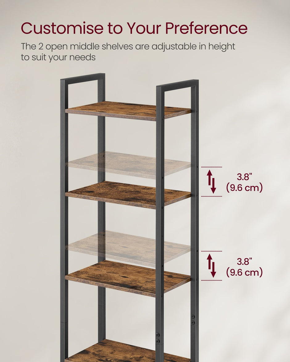 6-Tier Bookcase – Metal Frame – Rustic Brown and Ink Black – Adjustable Shelves with Door